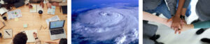 3 images, group of people meeting around a table, hurricane from above, group of people placing hands on top of each other